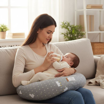 coussin-allaitement-maman-donnant-le-biberon-en-verre-au-bébé