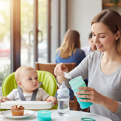 Boite doseuse lait main maman préparant biberon bébé à ses côtés au restaurant