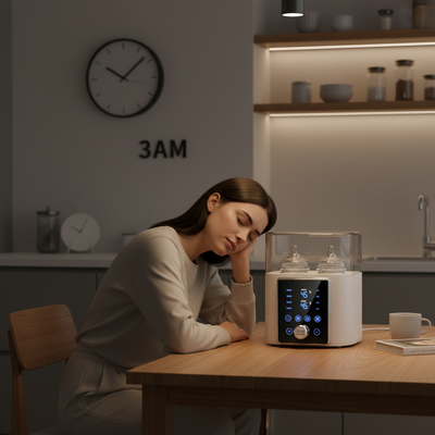 Stérilisateur biberon intelligent fonctionnant sur table cuisine maman au repos
