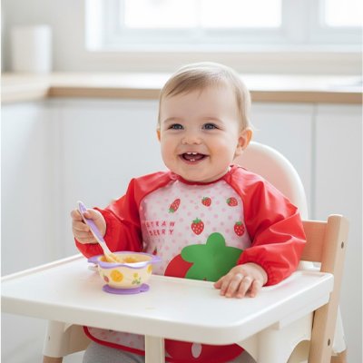 bavoir-ergonomique-imperméable-manche-longue-rouge-fraise