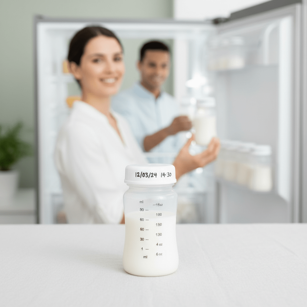 biberon-180ml-blanc-photo-héro-et-frigo-en-arri-re-plan-conservation-lait-maternel-et-jus-blanc