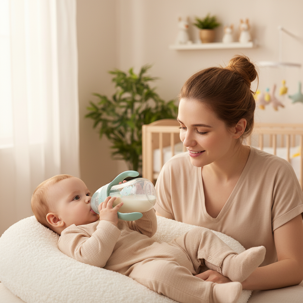 biberon-anti-colique-bébé-buvant-maman-regardant-confort-300ml-vert-menthe