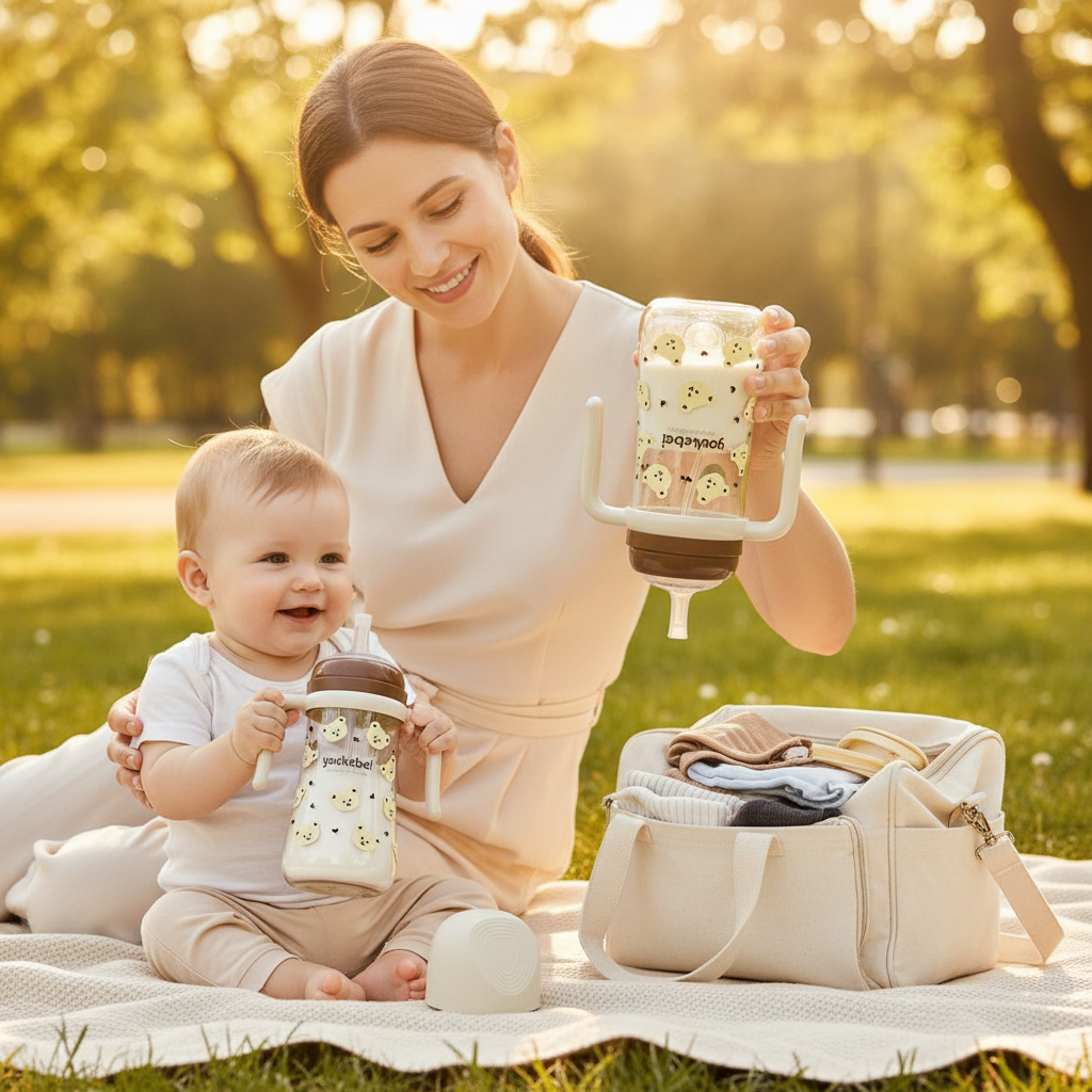 BIBERON-BEBE-MAIN-MAMAN-AVEC-BEBE-AU-PARC-EVOLUTIF-ANTI-COLIQUE-YOUKEBEI-BRUN-CAFE