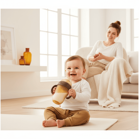 biberon-nouveau-né-bébé-assis-au-sol-maman-arrière-plan-souriante-anti-coliques-double-valve-marron