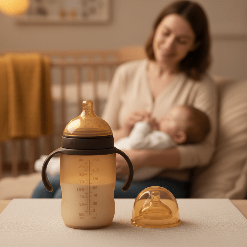 biberon-nouveau-né-photo-héro-produit-maman-et-bébé-arrière-plan-anti-coliques-double-valve-marron