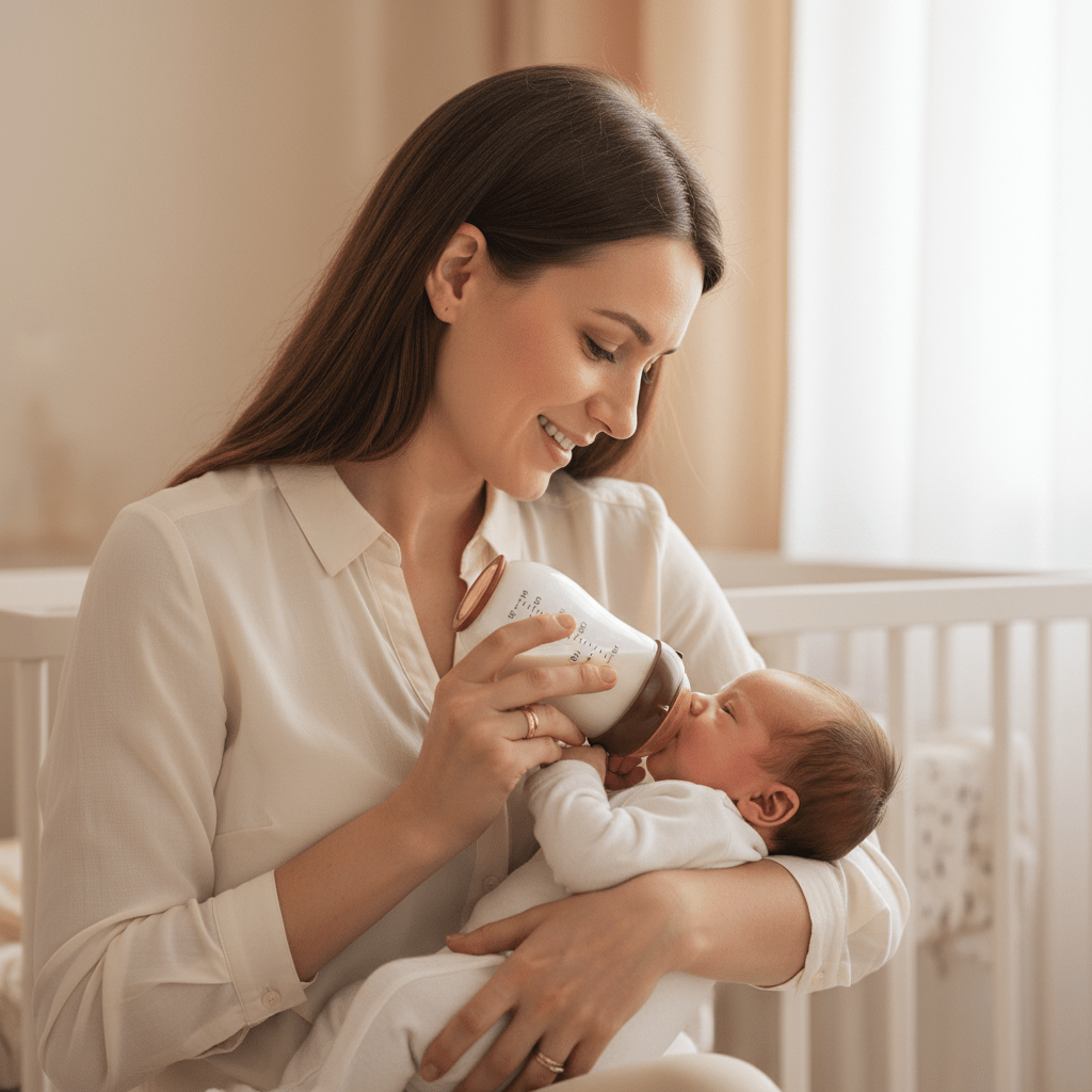 biberon-verre-bébé-buvant-dans-les-bras-de-maman-confortablement-anti-colique-résistant-brun