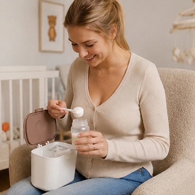 Boite doseuse lait portable maman mesurant lait bébé souriante dans chambre 