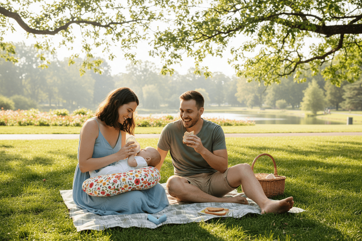 coussin allaitement famille heureuse dans parc Eveilune Blanc Feuillage