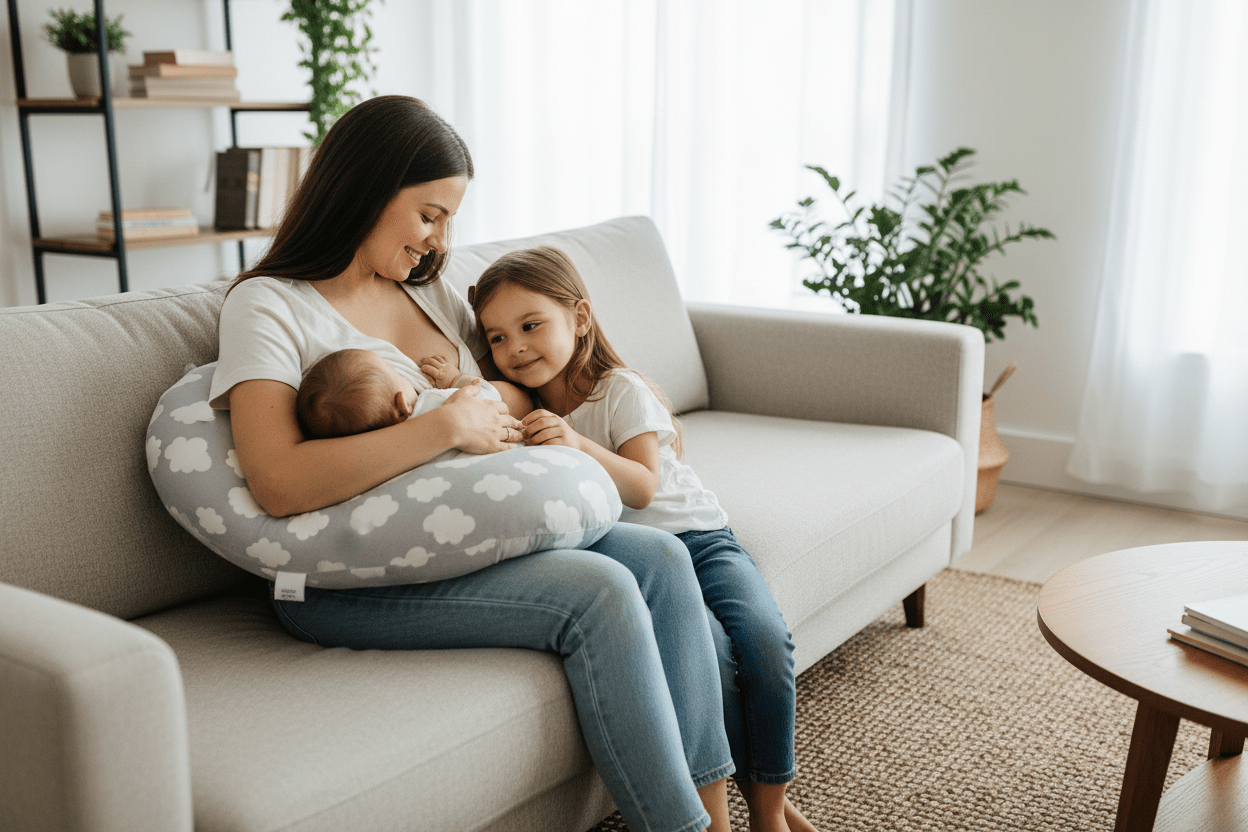 coussin allaitement moment tendre en famille Eveilune Blanc Feuillage