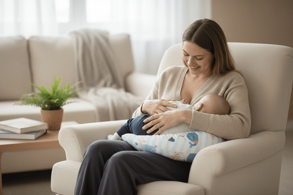 Coussin d'allaitement Serenimum baleine bleue lifestyle maman et bébé