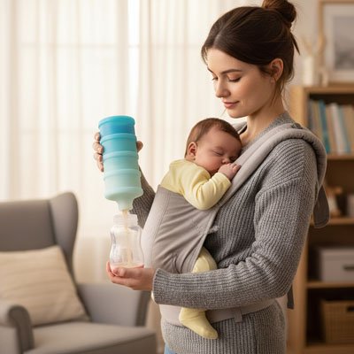 Distributeur de lait en poudre compartiment empilable main maman préparant biberon portant bébé