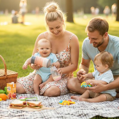 Distributeur de lait en poudre fermeture hermétique parents et enfants joyeux en sortie au parc