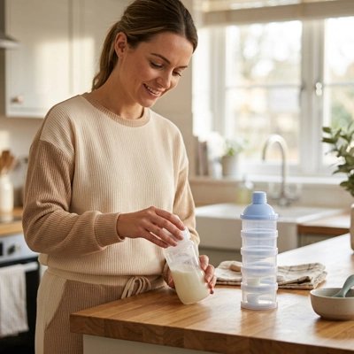 Distributeur lait en poudre bec verseur intégré posé sur plan travail cuisine face maman heureuse