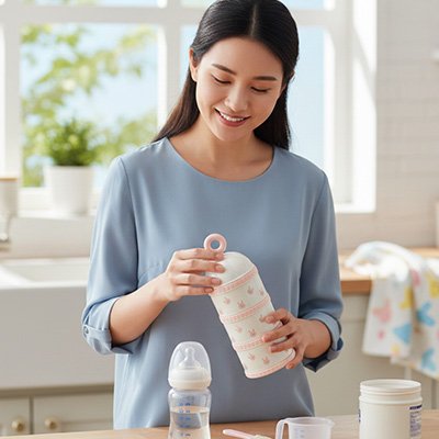 Dosette lait en poudre structure empilable maman préparant biberon cuisine joyeuse