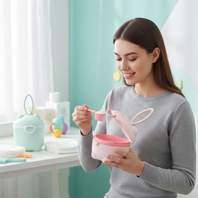 Doseur lait en poudre compact et portable maman joyeuse préparant lait dans chambre bébé