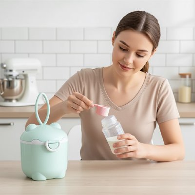 Doseur lait en poudre fermeture hermétique maman utilisant cuillère doseuse pour préparer biberon