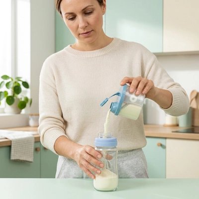 Doseur pour lait en poudre format compact avec graduation main maman préparant biberon cuisine