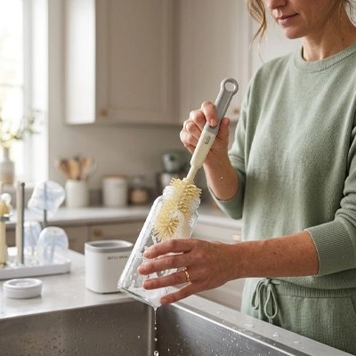 Goupillon biberon anti-dérapant main maman lavant biberon