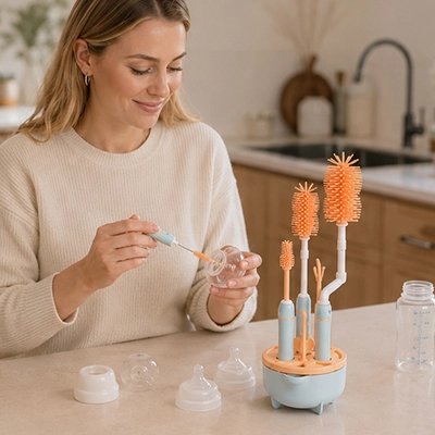 Goupillon biberon ergonomique main maman nettoyant mamelon sur table