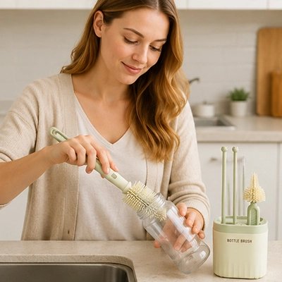 Goupillon biberon silicone nettoyage 360° main maman devant evier cuisine