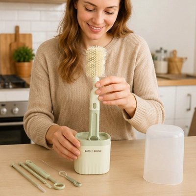 Goupillon biberon silicone vert dans main maman tenant support