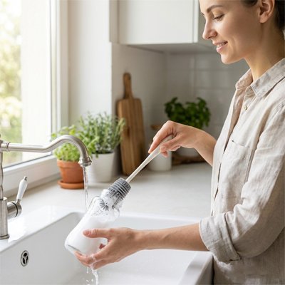 Goupillon pour biberon compatible multi-contenants maman nettoyant biberon devant évier