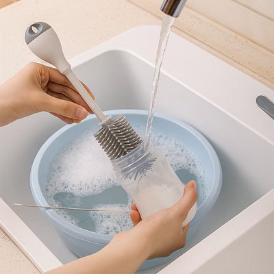Goupillon pour bouteille avec poignée ergonomique frottant biberon dans évier