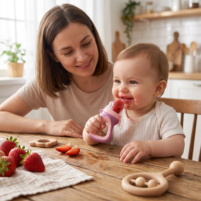 Grignoteuse-bébé-design-anti-fuite-bouche-bébé-dégustant-fruit-table-cuisine-avec-maman