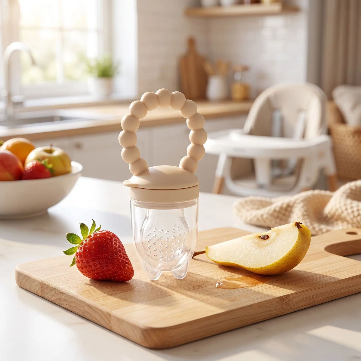 Grignoteuse-bébé-facile-a-nettoyer-avec-fruit-sur-planche-cuisine
