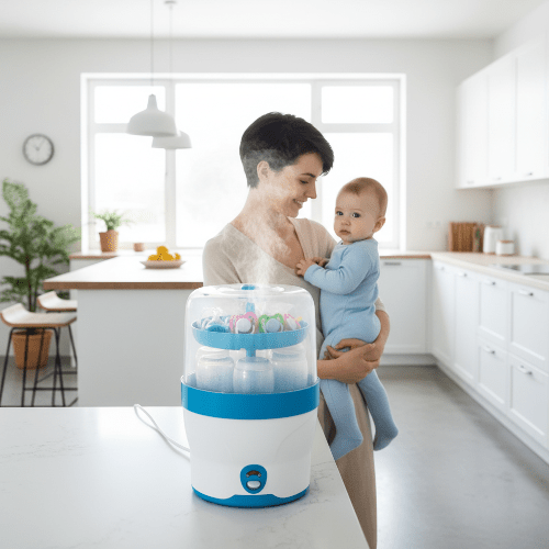 Stérilisateur-biberon-vapeur-3-en-1-bleu-en-fonctionnement-dans-cuisine-avec-maman-et-bébé