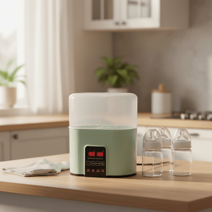 Stérilisateur biberon 4-en-1 vert intelligent dans une cuisine moderne