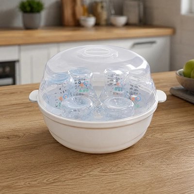 Stérilisateur biberon blanc avec biberon et couvercle posé sur table de cuisine