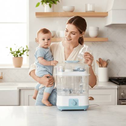 Stérilisateur biberon électrique bleu ciel ergonomique avec maman et bébé en cuisine
