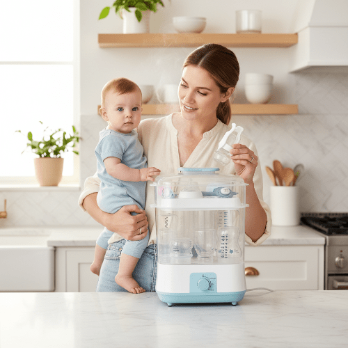 Stérilisateur biberon électrique bleu ciel ergonomique avec maman et bébé en cuisine
