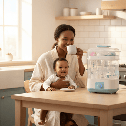 Stérilisateur biberon rapide bleu ciel devant maman et bébé pour un matin serein