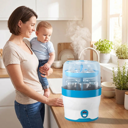 Sterilisateur-biberon-vapeur-3-en-1-bleu-vue-générale-en-fonctionnement-maman-et-bébé-regardant