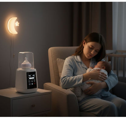 Stérilisateur-biberon-vapeur-6-en-1-multifonction-blanc-neige-dans-chambre-avec-bb-et-maman-la-nuit
