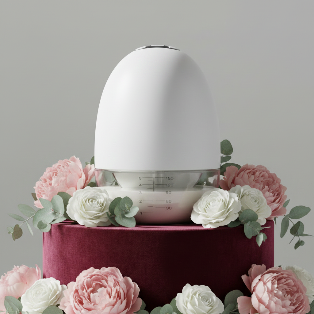 tire-lait-main-libre-sur-pr-sentoire-bordeaux-avec-fleurs-silencieux-et-portable-blanc